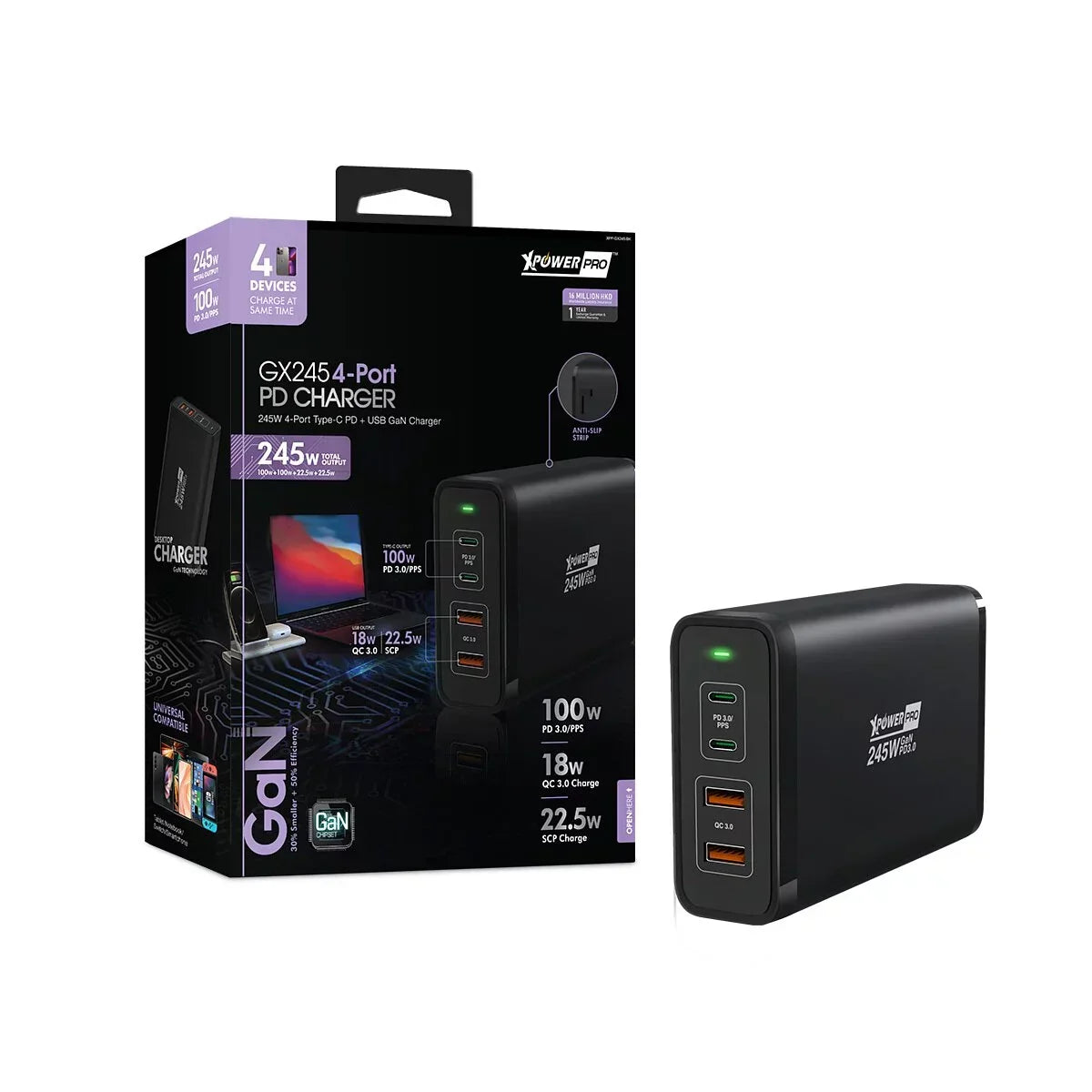 XPower Pro Gx245 245W 4-Port PD Gan Desktop Charger - Black XPower Pro Gx245 245W 4-Port PD Gan Desktop Charger - Black